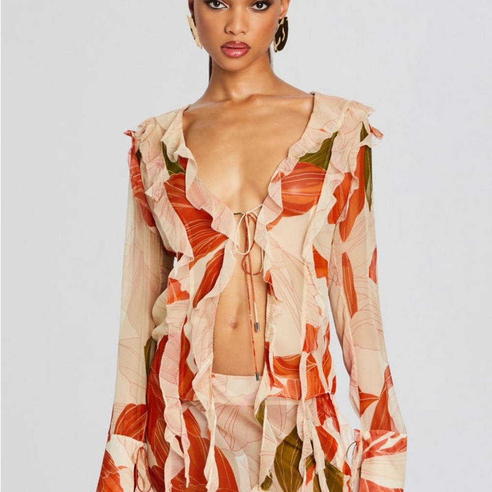 Retrofete Shae Silk Chiffon Top | Neutral Botanical - NWT